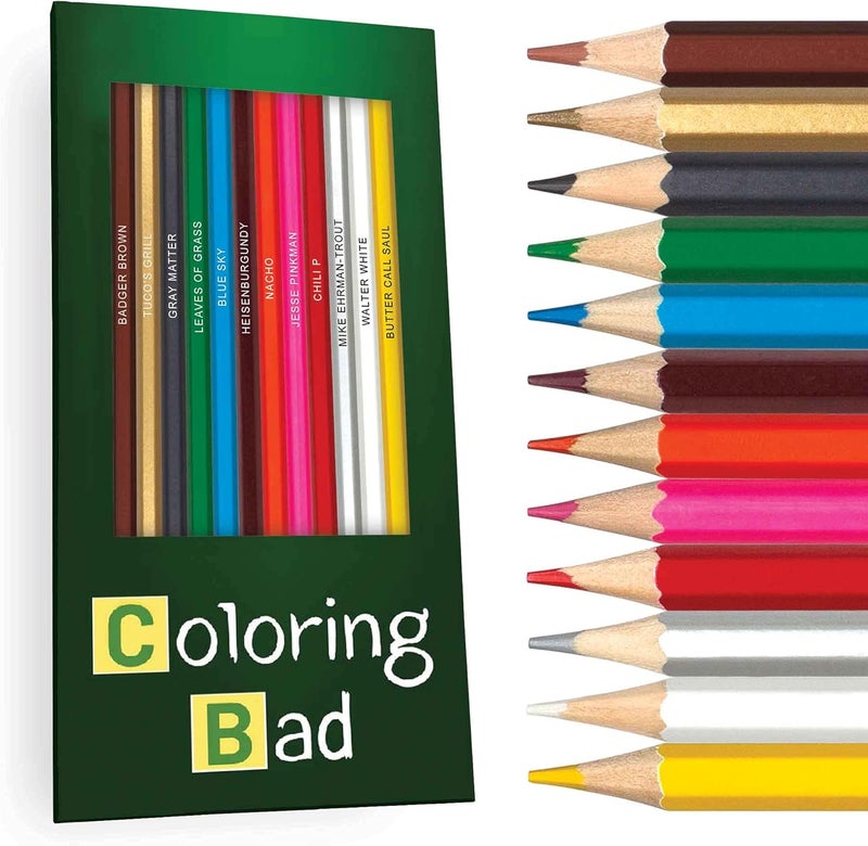 Pun Labs Coloring Bad Colored Pencil Set for Fans of Breaking Bad | Set of 12 Breaking Bad-Inspired Parody Pencils | Each Color Pencil is Foil-Stamped with Clever Show References | Great Gift for Fans - Image 1